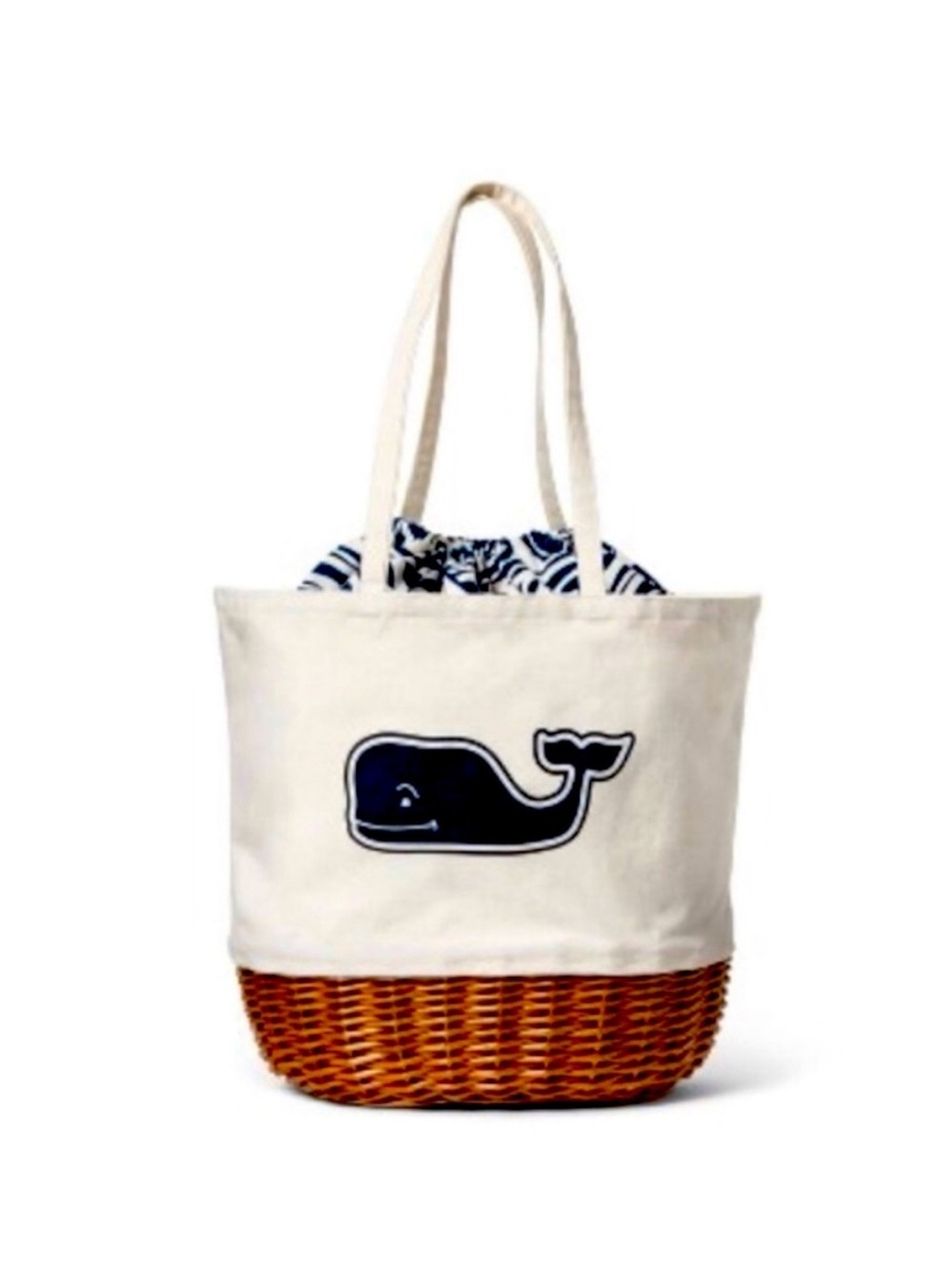 Vineyard Vines Cream Canvas Tote with Navy Whale & Wicker Base